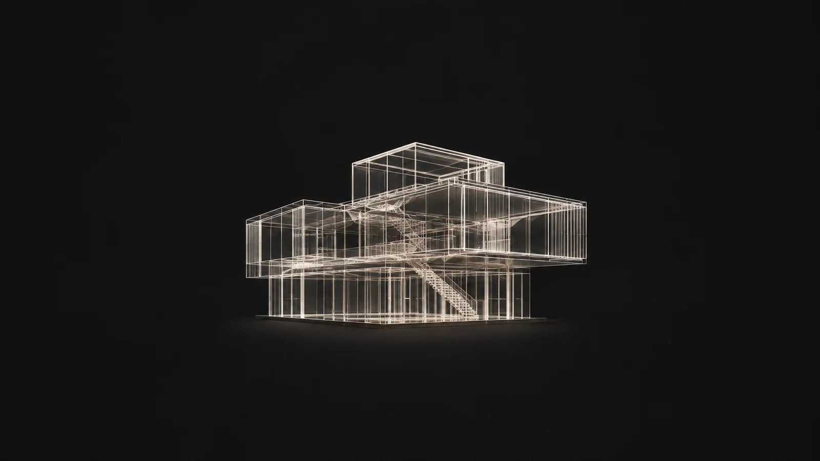 Abstract a wireframe of a building volume drawn in fine lines of light motif centred on a seamless deep charcoal near-black studio background, generous empty margin for overlaid branding