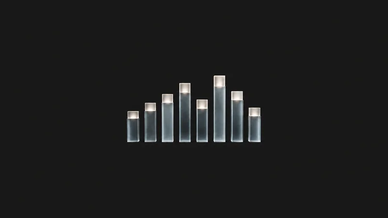 Abstract a tidy row of translucent columns each topped with a glowing figure-like bar motif centred on a seamless deep charcoal near-black studio background, generous empty margin for overlaid branding