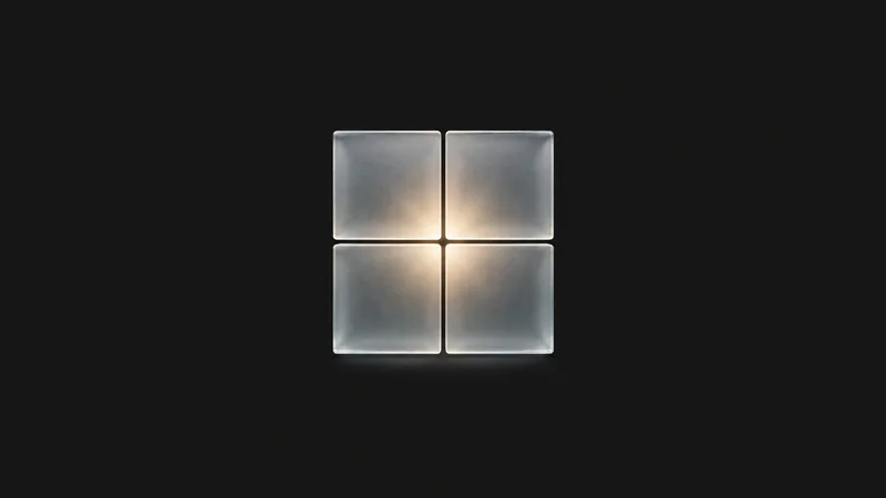 Abstract a two-by-two grid of frosted glass quadrants with one glowing motif centred on a seamless deep charcoal near-black studio background, generous empty margin for overlaid branding