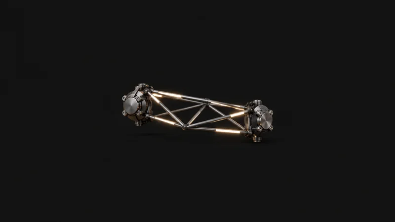 Abstract a truss of glowing struts spanning between two nodes motif centred on a seamless deep charcoal near-black studio background, generous empty margin for overlaid branding