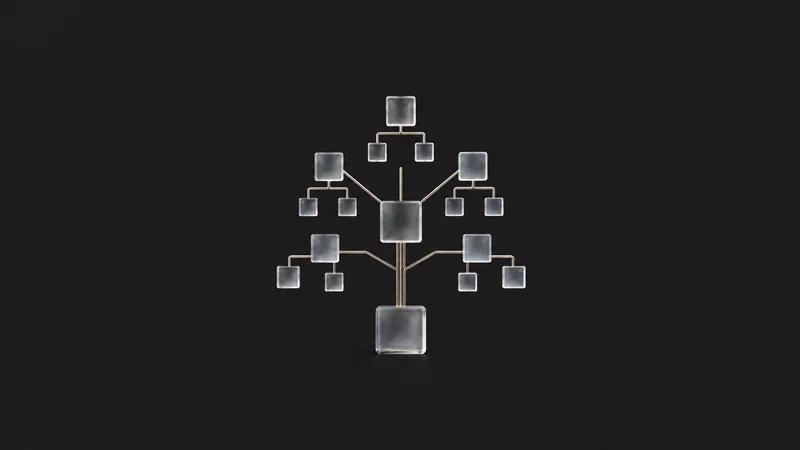 Abstract a branching tree of translucent tiles like an org chart motif centred on a seamless deep charcoal near-black studio background, generous empty margin for overlaid branding