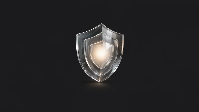 Abstract a translucent shield of layered glass panels sheltering a glowing core motif centred on a seamless deep charcoal near-black studio background, generous empty margin for overlaid branding