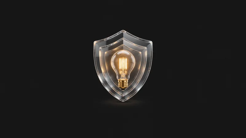 Abstract a glowing lightbulb outline nested inside translucent shield layers motif centred on a seamless deep charcoal near-black studio background, generous empty margin for overlaid branding