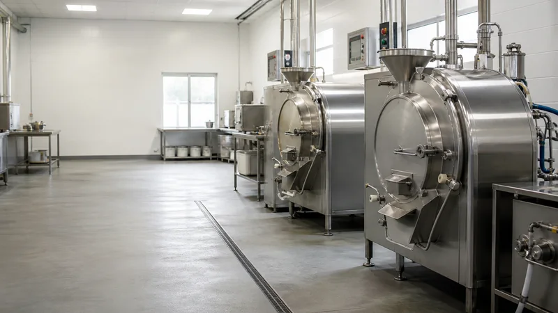 Wide interior view of a ice cream churning kitchen with no people, soft even indoor light, clean uncluttered foreground for text