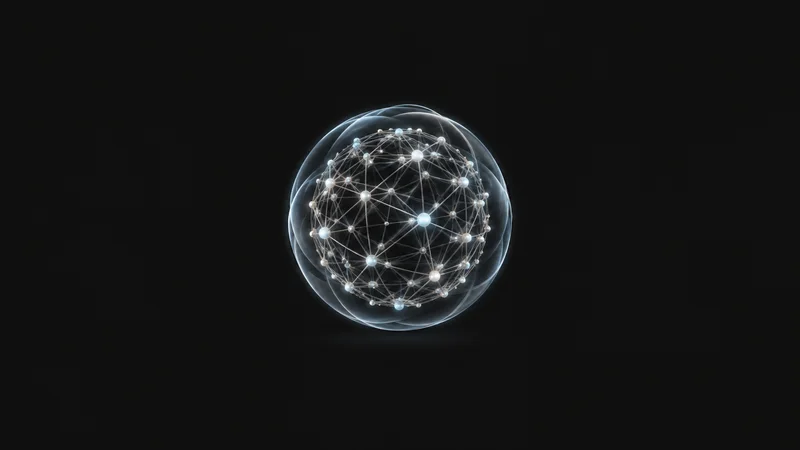 Abstract a mesh of luminous nodes wrapped in a soft protective halo motif centred on a seamless deep charcoal near-black studio background, generous empty margin for overlaid branding