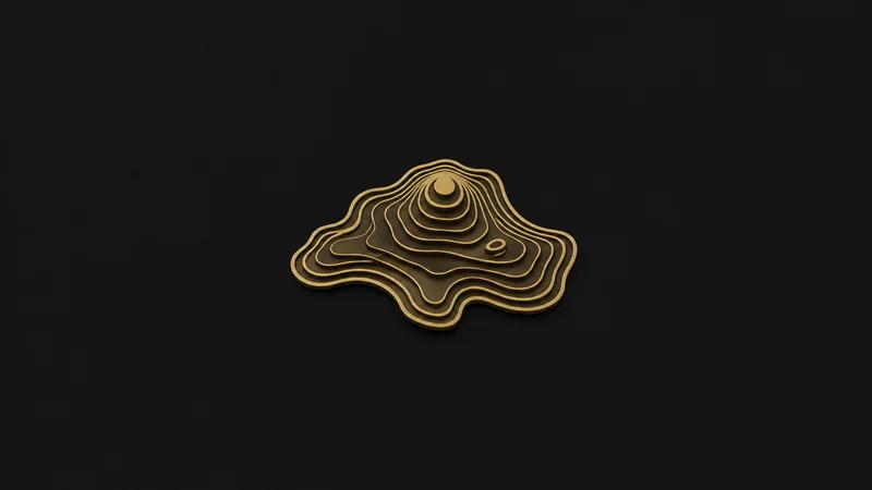 Abstract a contour map of concentric elevation lines in brushed brass motif centred on a seamless deep charcoal near-black studio background, generous empty margin for overlaid branding