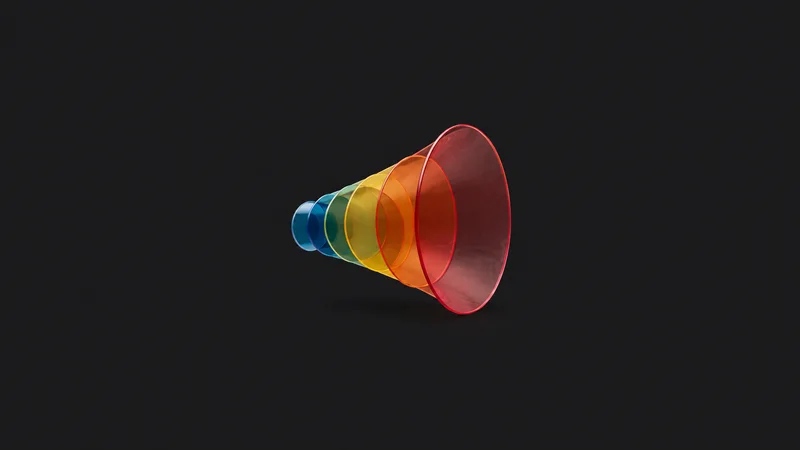 Abstract a megaphone-shaped cone of overlapping translucent colour discs motif centred on a seamless deep charcoal near-black studio background, generous empty margin for overlaid branding