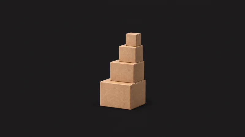 Abstract a tower of nested cardboard cubes ascending in step motif centred on a seamless deep charcoal near-black studio background, generous empty margin for overlaid branding