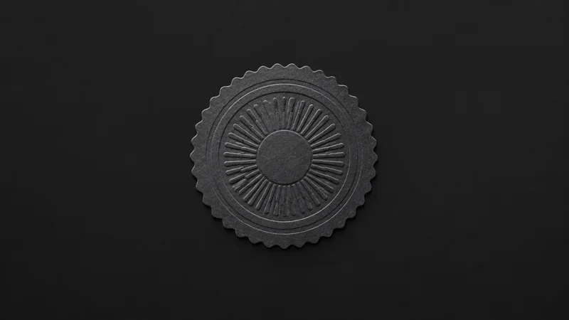 Abstract a circular embossed seal impression raised from matte paper motif centred on a seamless deep charcoal near-black studio background, generous empty margin for overlaid branding