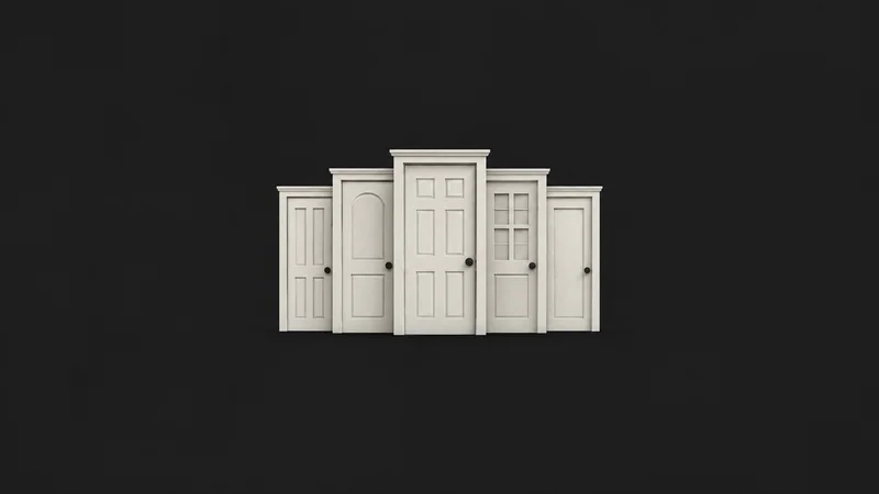 Abstract a row of pale door silhouettes cut from layered card motif centred on a seamless deep charcoal near-black studio background, generous empty margin for overlaid branding