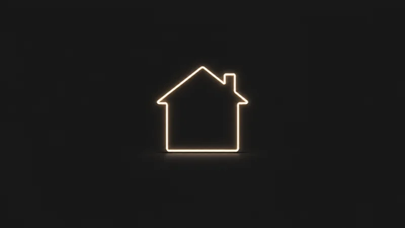 Abstract an outline of a gabled house drawn in a single glowing line motif centred on a seamless deep charcoal near-black studio background, generous empty margin for overlaid branding