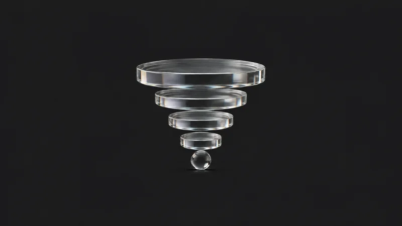 Abstract a funnel of translucent discs narrowing to a single sphere motif centred on a seamless deep charcoal near-black studio background, generous empty margin for overlaid branding