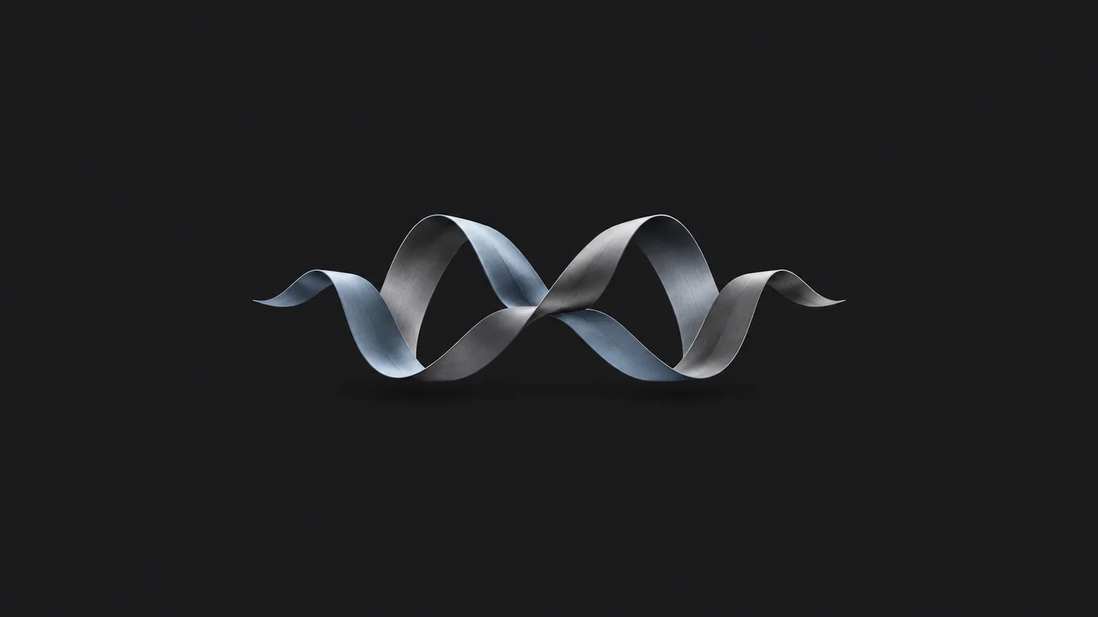 Abstract two mirrored speech-wave ribbons crossing at the centre motif centred on a seamless deep charcoal near-black studio background, generous empty margin for overlaid branding