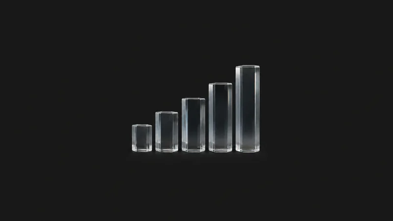 Abstract a rising bar-chart of translucent glass columns motif centred on a seamless deep charcoal near-black studio background, generous empty margin for overlaid branding