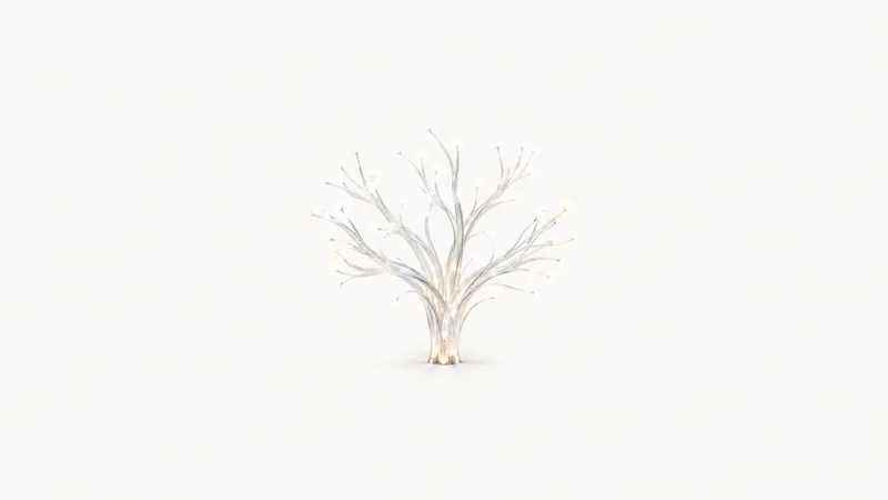 Abstract a branching lattice of glowing fibre-optic strands motif centred on a seamless pale off-white studio background, generous empty margin for overlaid branding