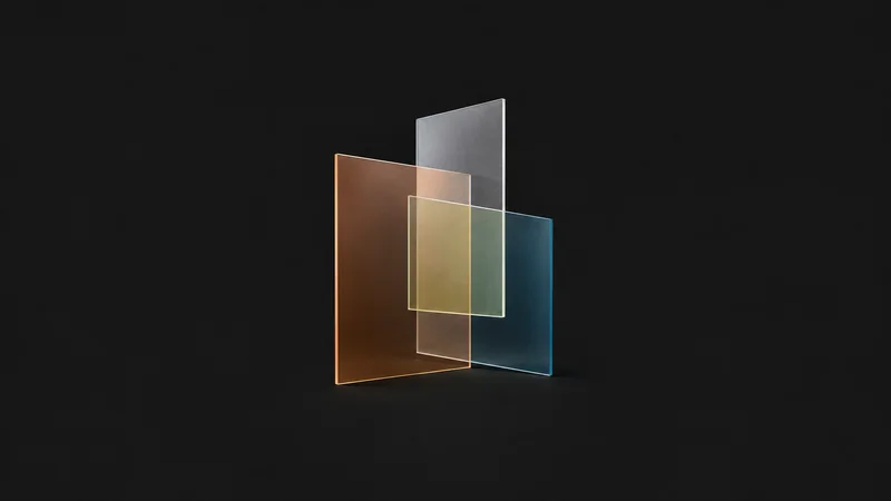 Abstract overlapping translucent colour-swatch planes motif centred on a seamless deep charcoal near-black studio background, generous empty margin for overlaid branding