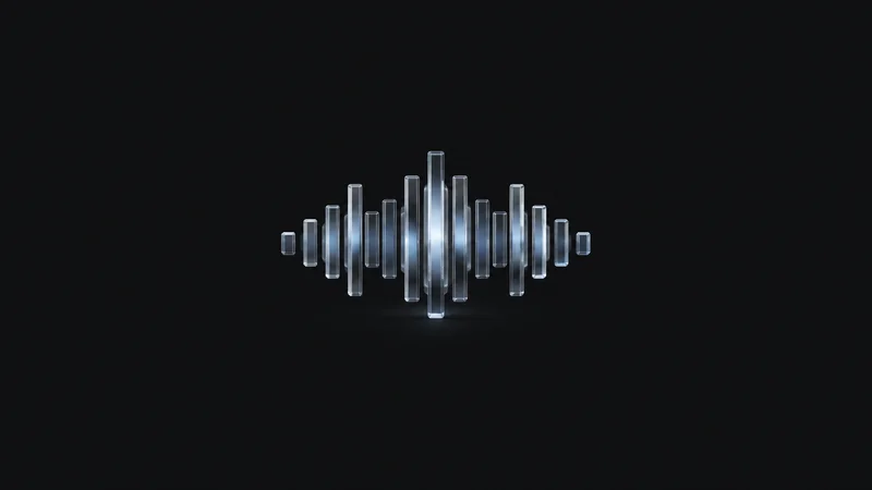 Abstract a waveform of translucent bars rippling through a soft glow motif centred on a seamless deep charcoal near-black studio background, generous empty margin for overlaid branding
