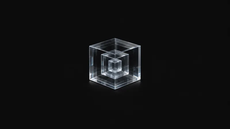 Abstract a nested set of translucent cubes with glowing edges like modules motif centred on a seamless deep charcoal near-black studio background, generous empty margin for overlaid branding