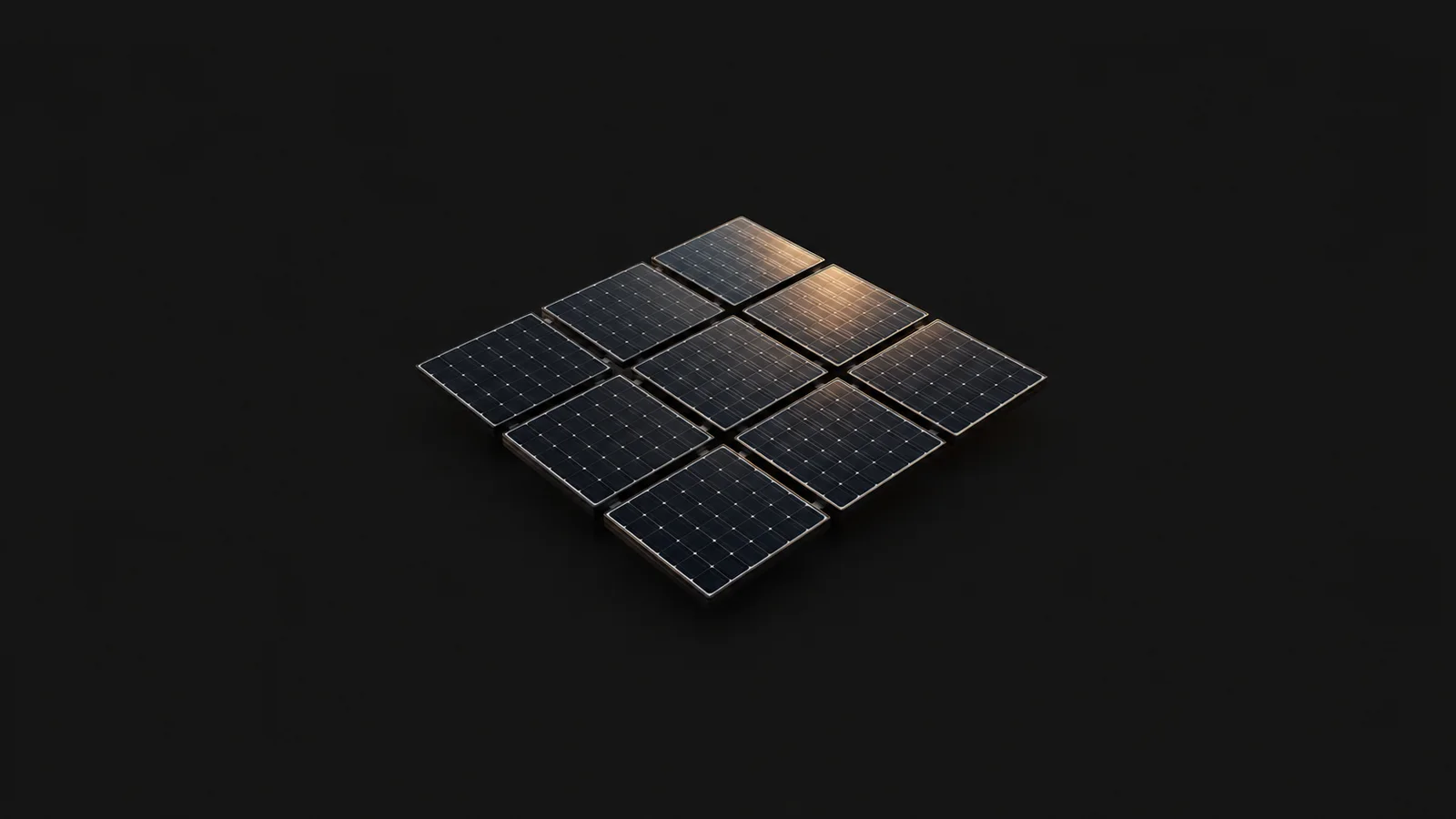 Abstract a tessellated field of dark glass tiles catching a low sun motif centred on a seamless deep charcoal near-black studio background, generous empty margin for overlaid branding