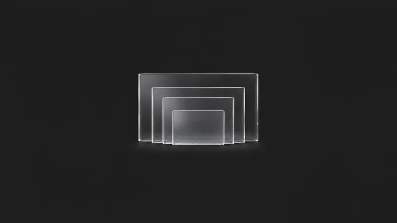 Abstract a responsive cascade of translucent rectangles shrinking in steps motif centred on a seamless deep charcoal near-black studio background, generous empty margin for overlaid branding
