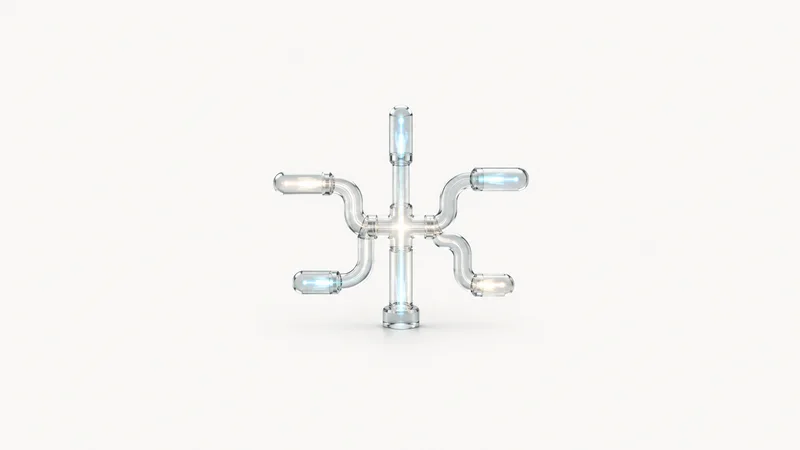 Abstract a branching payment-rail diagram rendered as luminous glass pipes motif centred on a seamless pale off-white studio background, generous empty margin for overlaid branding