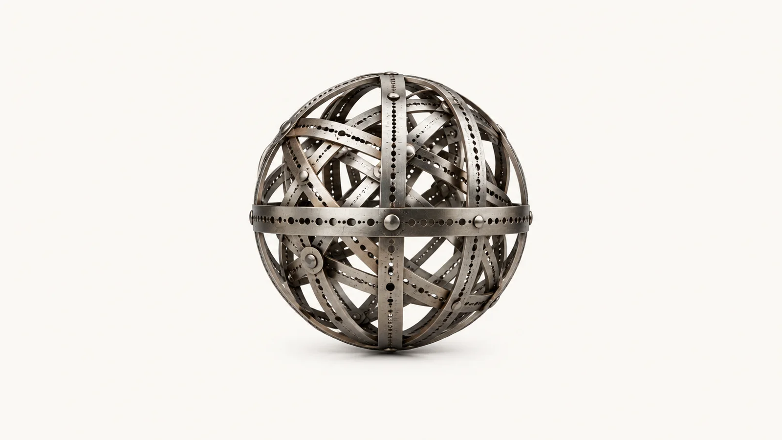Abstract a spherical cage of interlocking cipher rings motif centred on a seamless pale off-white studio background, generous empty margin for overlaid branding