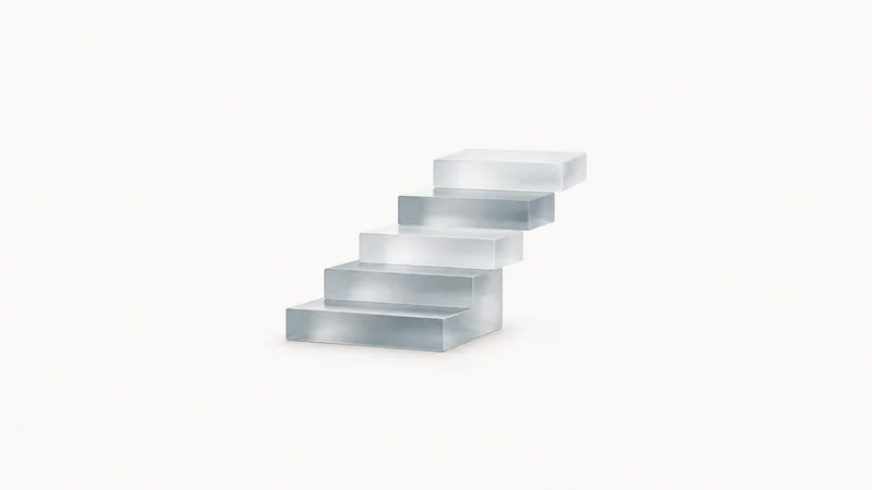 Abstract an ascending staircase of frosted glass deployment slabs motif centred on a seamless pale off-white studio background, generous empty margin for overlaid branding