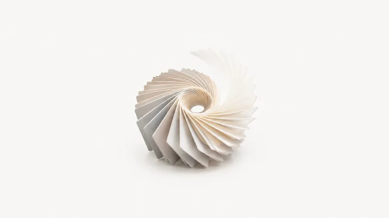 Abstract a spiral of layered record cards fading into light motif centred on a seamless pale off-white studio background, generous empty margin for overlaid branding