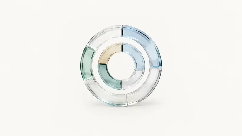Abstract an audience-segment ring chart rendered as concentric glass bands motif centred on a seamless pale off-white studio background, generous empty margin for overlaid branding