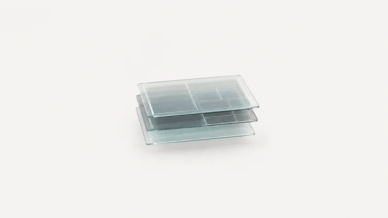 Abstract stacked translucent panels forming a terminal-like grid motif centred on a seamless pale off-white studio background, generous empty margin for overlaid branding