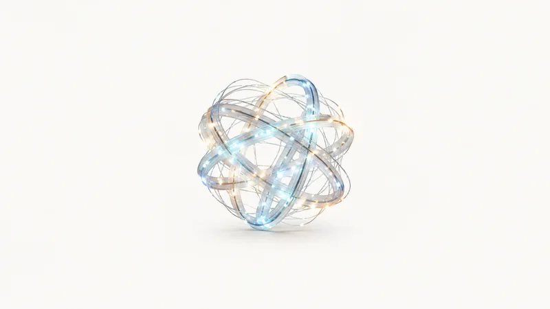 Abstract an intertwined lattice of glowing data streams motif centred on a seamless pale off-white studio background, generous empty margin for overlaid branding