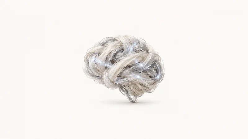 Abstract a brain-like knot of luminous woven threads motif centred on a seamless pale off-white studio background, generous empty margin for overlaid branding