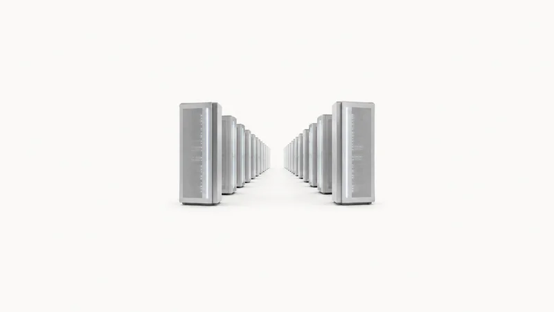 Abstract parallel rows of glowing server-like slabs receding to a vanishing point motif centred on a seamless pale off-white studio background, generous empty margin for overlaid branding