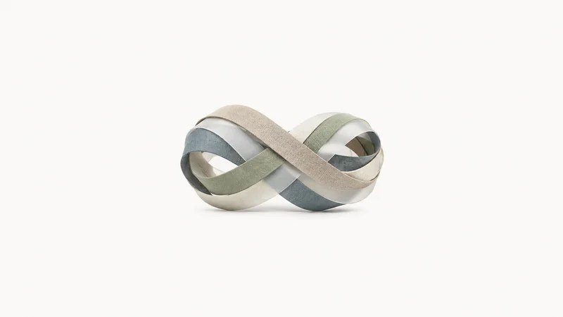 Abstract a stacked ribbon of layered timelines woven into a braid motif centred on a seamless pale off-white studio background, generous empty margin for overlaid branding