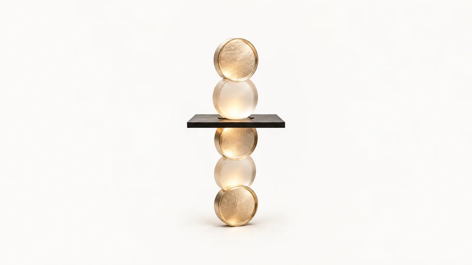 Abstract a column of stacked luminous seals rising through a dark plane motif centred on a seamless pale off-white studio background, generous empty margin for overlaid branding