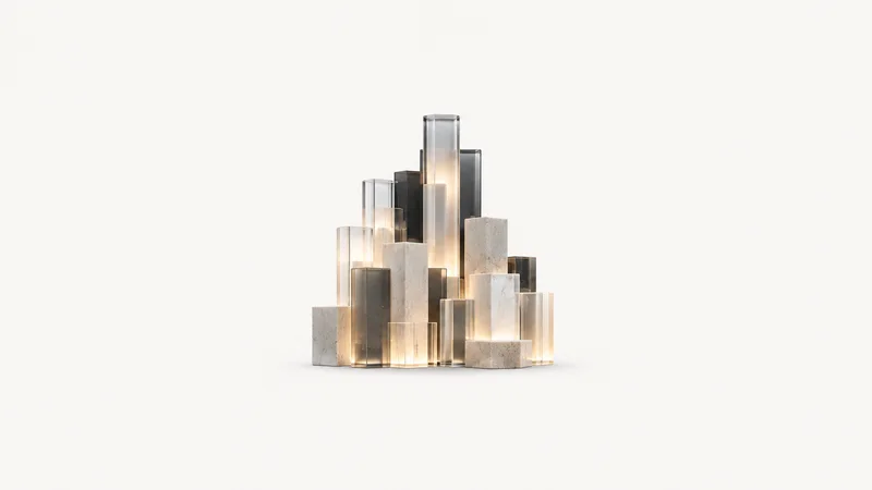 Abstract a skyline of stacked luminous rectangles receding into darkness motif centred on a seamless pale off-white studio background, generous empty margin for overlaid branding