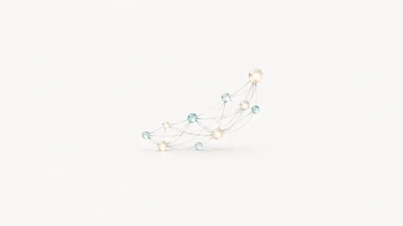 Abstract a scatter of luminous risk points connected into a rising curve motif centred on a seamless pale off-white studio background, generous empty margin for overlaid branding