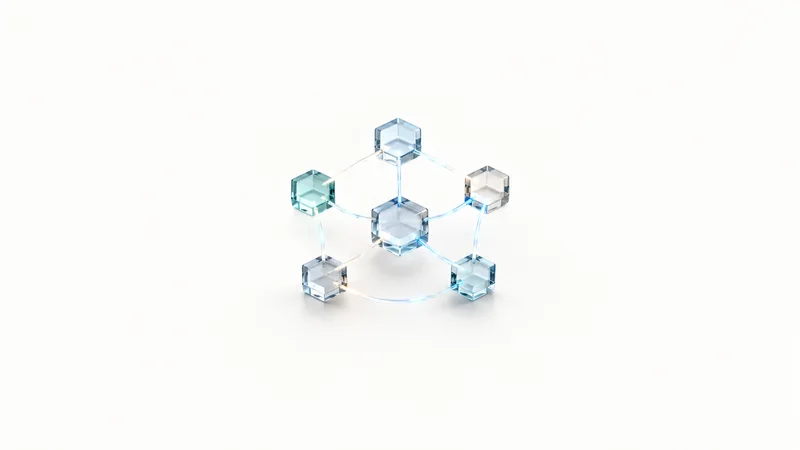Abstract a network of translucent hexagonal hubs joined by streams of light motif centred on a seamless pale off-white studio background, generous empty margin for overlaid branding