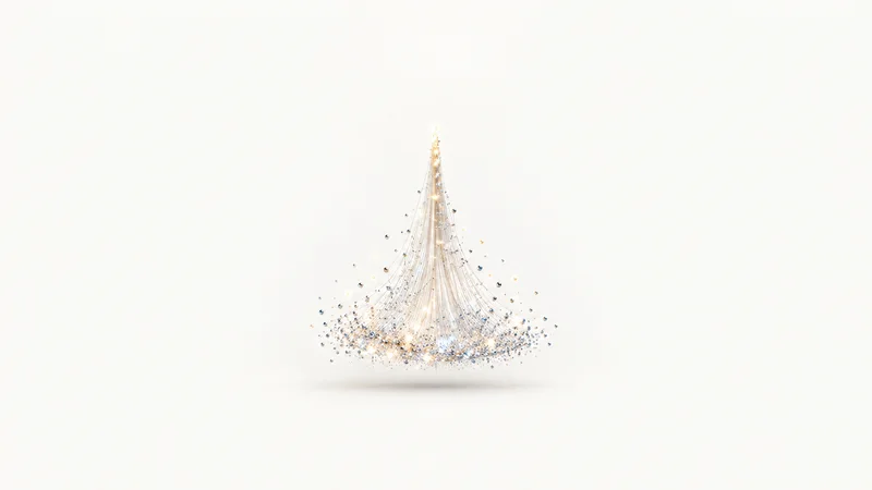 Abstract a field of tiny points of light rising into a single converging stream motif centred on a seamless pale off-white studio background, generous empty margin for overlaid branding