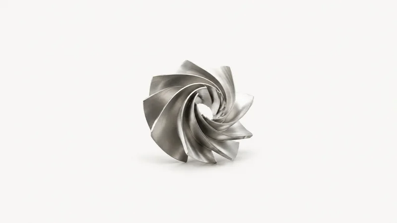 Abstract nested turbine-blade curves in brushed titanium motif centred on a seamless pale off-white studio background, generous empty margin for overlaid branding