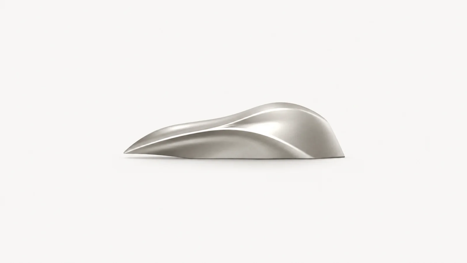 Abstract a flowing car body-line contour in painted metal motif centred on a seamless pale off-white studio background, generous empty margin for overlaid branding