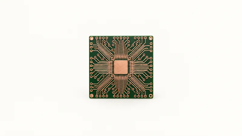 Abstract a grid of copper circuit traces radiating from a central pad motif centred on a seamless pale off-white studio background, generous empty margin for overlaid branding