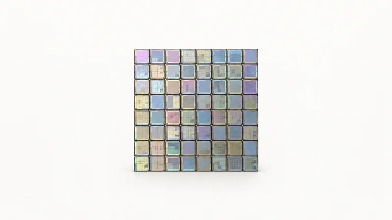 Abstract a die-grid tessellation of iridescent squares motif centred on a seamless pale off-white studio background, generous empty margin for overlaid branding