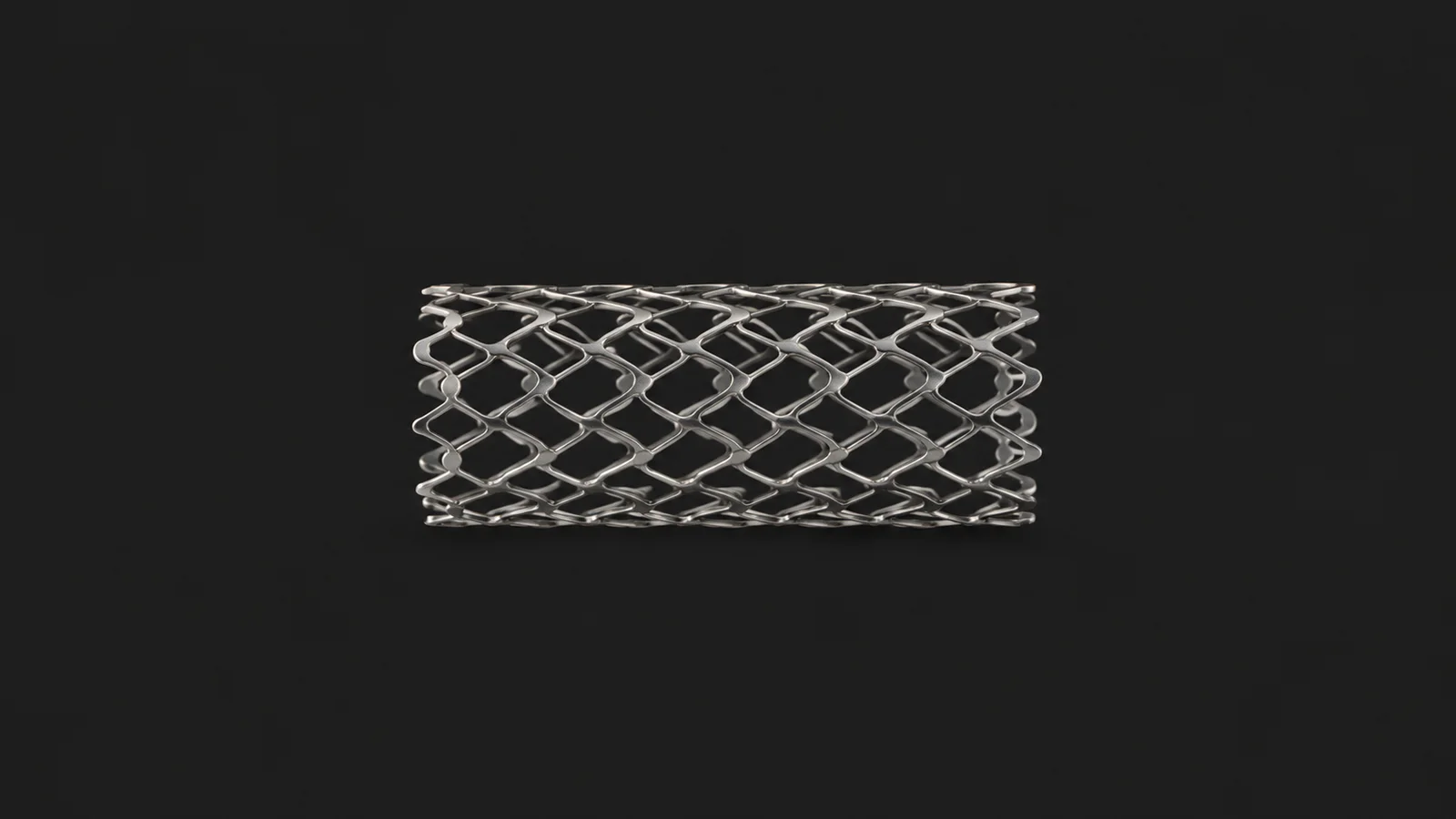 Abstract a mesh of expanded stent struts in polished nitinol motif centred on a seamless deep charcoal near-black studio background, generous empty margin for overlaid branding