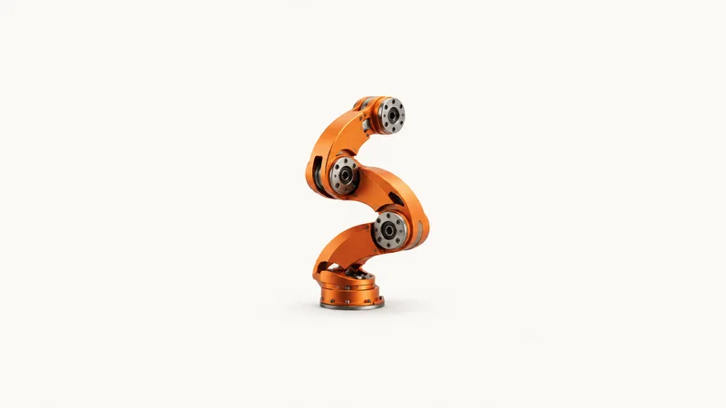 Abstract an articulated chain of robot-joint arcs in orange motif centred on a seamless pale off-white studio background, generous empty margin for overlaid branding
