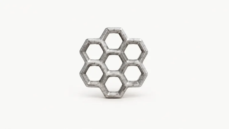 Abstract a lattice of hexagonal cast-metal cells motif centred on a seamless pale off-white studio background, generous empty margin for overlaid branding