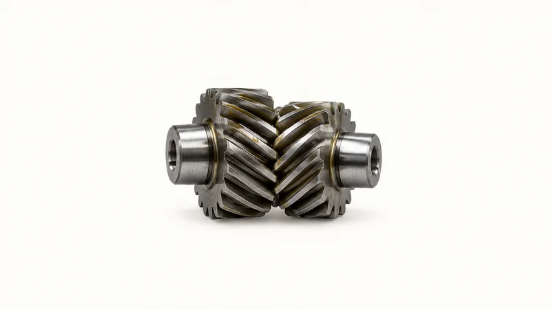 Abstract interlocking helical gear teeth in oiled steel motif centred on a seamless pale off-white studio background, generous empty margin for overlaid branding