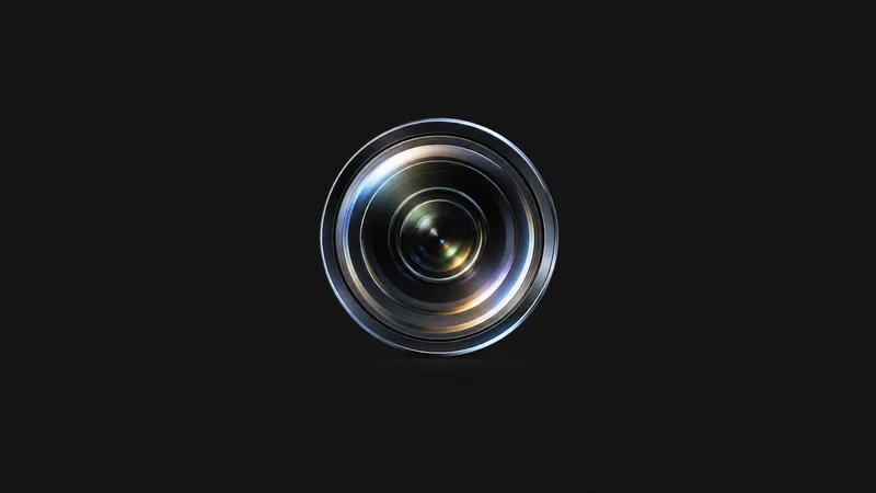 Abstract concentric lens-refraction rings of light motif centred on a seamless deep charcoal near-black studio background, generous empty margin for overlaid branding