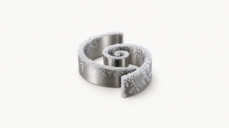 Abstract a spiral of frost crystals frozen across a stainless surface motif centred on a seamless pale off-white studio background, generous empty margin for overlaid branding