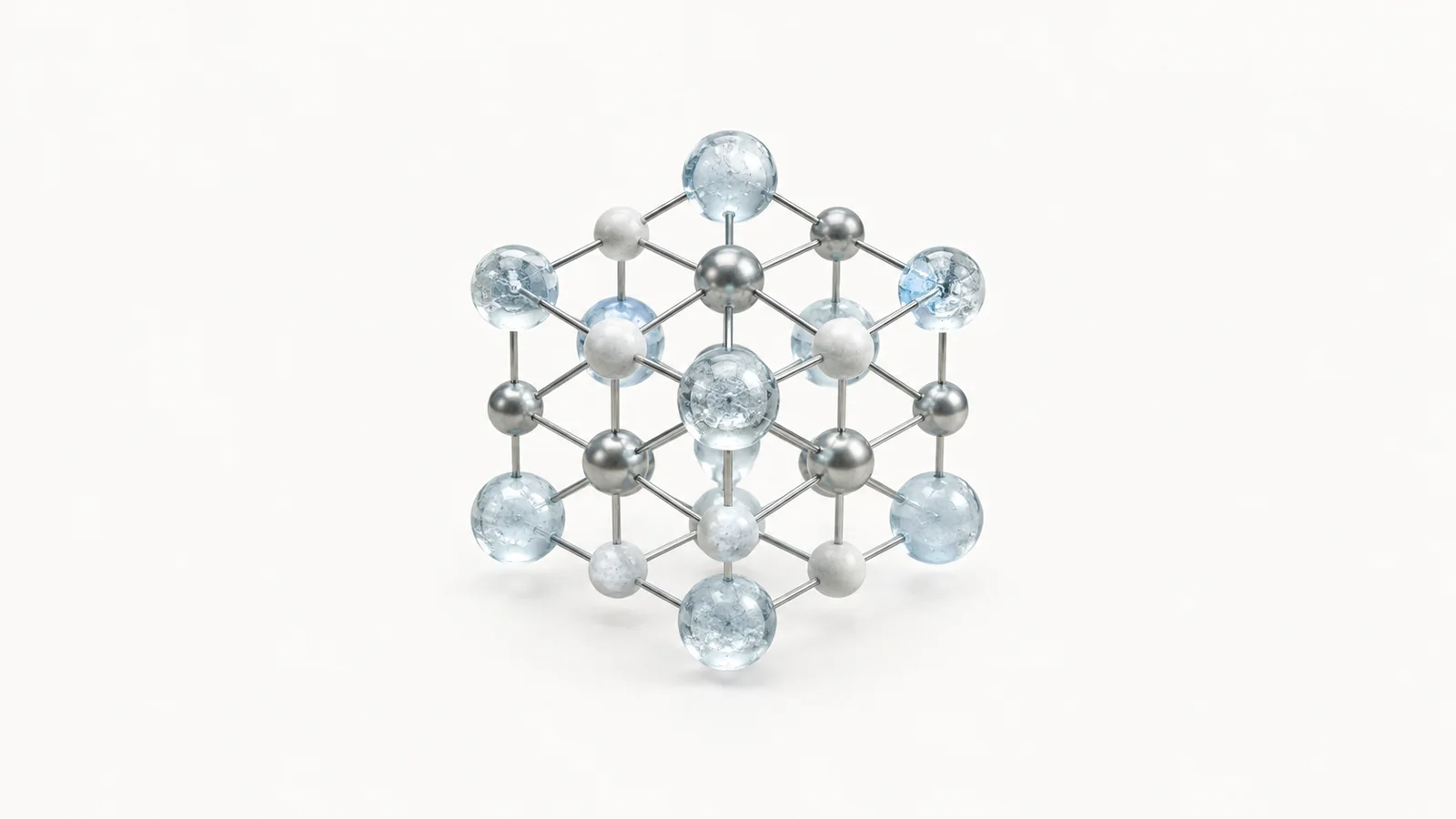 Abstract a crystalline lattice of molecular spheres in cool light motif centred on a seamless pale off-white studio background, generous empty margin for overlaid branding